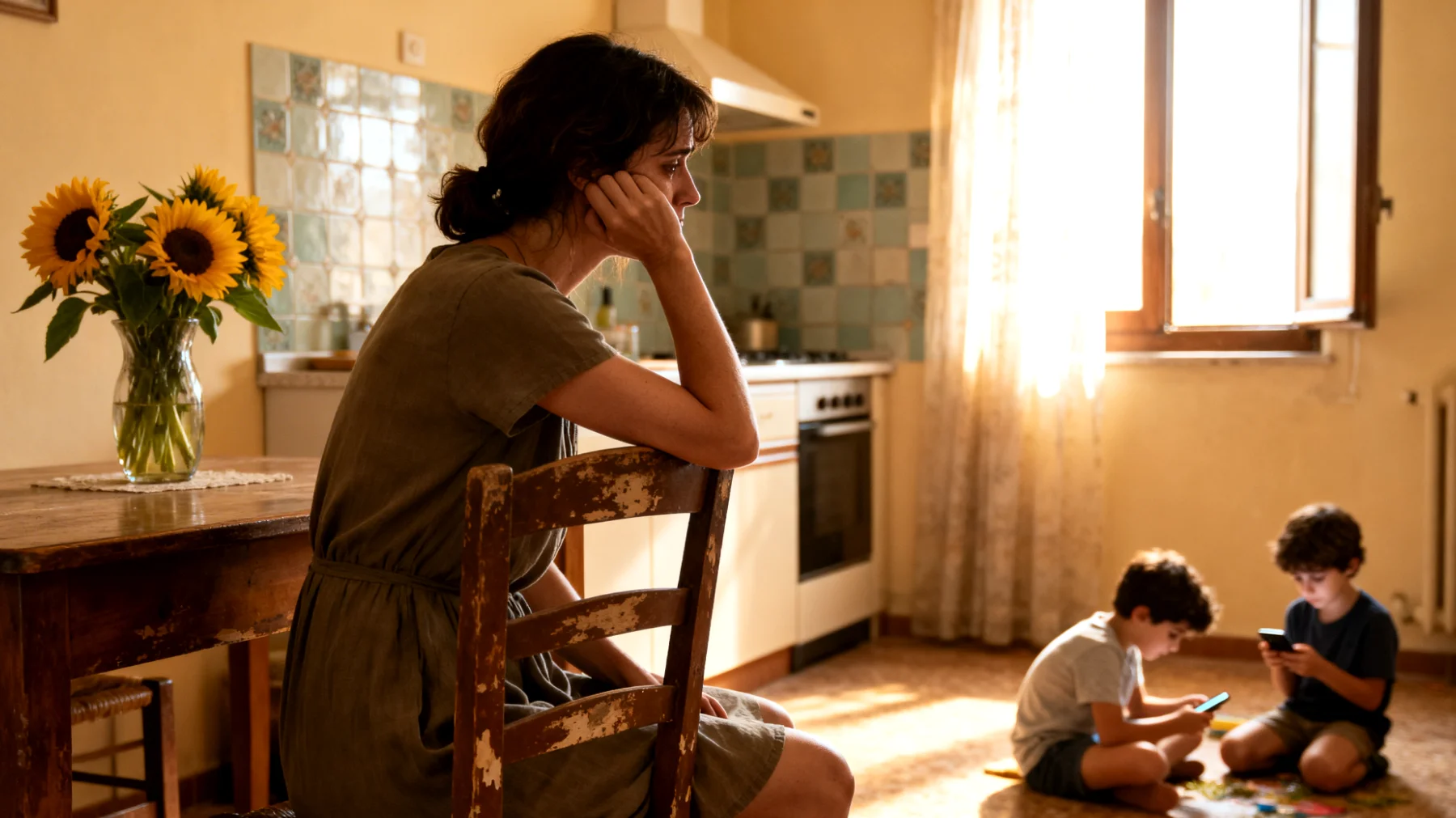 Una mamma si sente in colpa perché, tra lavoro e impegni quotidiani, riesce a dedicare ai suoi bambini solo momenti frettolosi e distratti, senza quella presenza emotiva piena e attenta che vorrebbe dare loro"