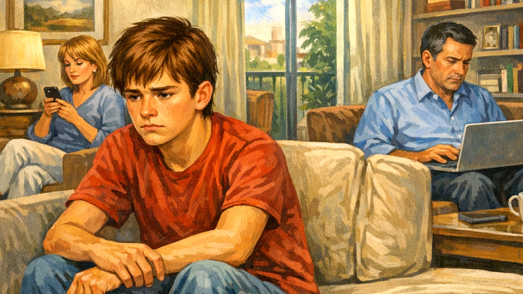 Genitori che, pur essendo presenti fisicamente, trascorrono poco tempo di qualità con i figli adolescenti a causa di impegni lavorativi, distrazioni digitali e routine frenetiche, generando un senso di distanza emotiva e incomprensione reciproca"