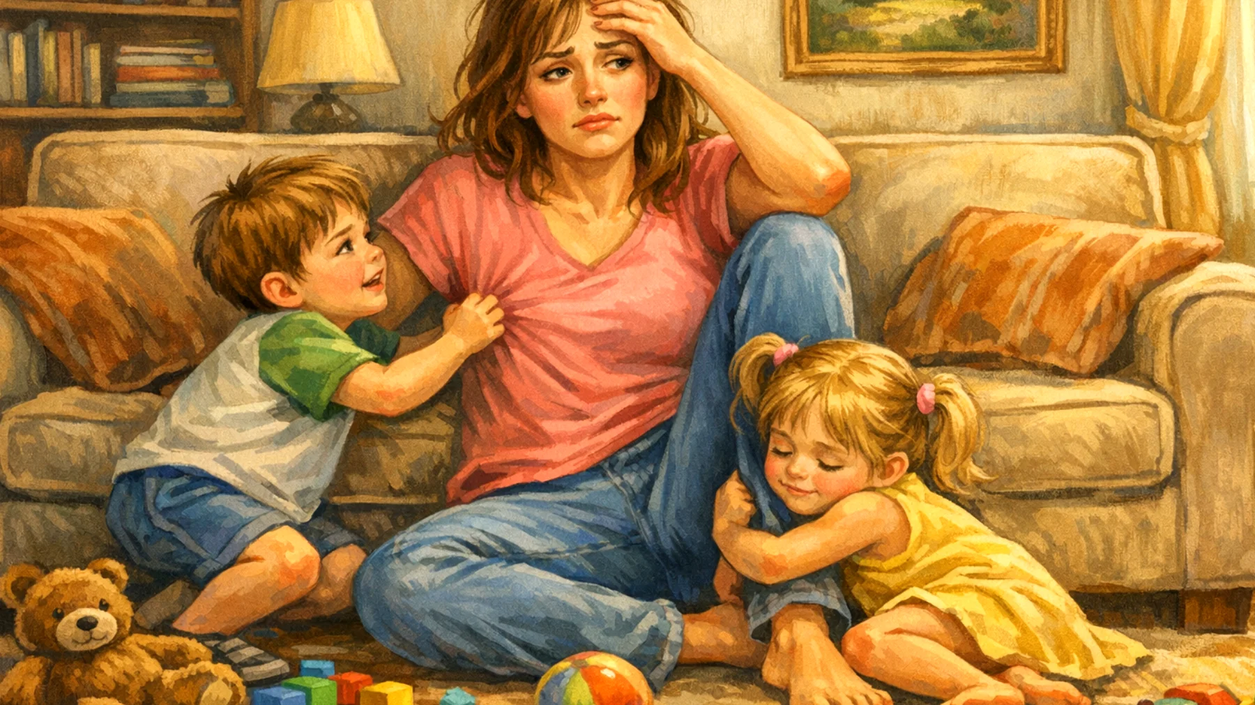 Mamma di bambini piccoli che fatica a gestire la dipendenza eccessiva dei figli, i quali richiedono costantemente la sua presenza fisica ed emotiva, non riescono a giocare autonomamente, si aggrappano a lei in ogni situazione e manifestano forte ansia da separazione anche per brevi distacchi, impedendole di avere spazi personali e generando in lei senso di soffocamento e inadeguatezza."