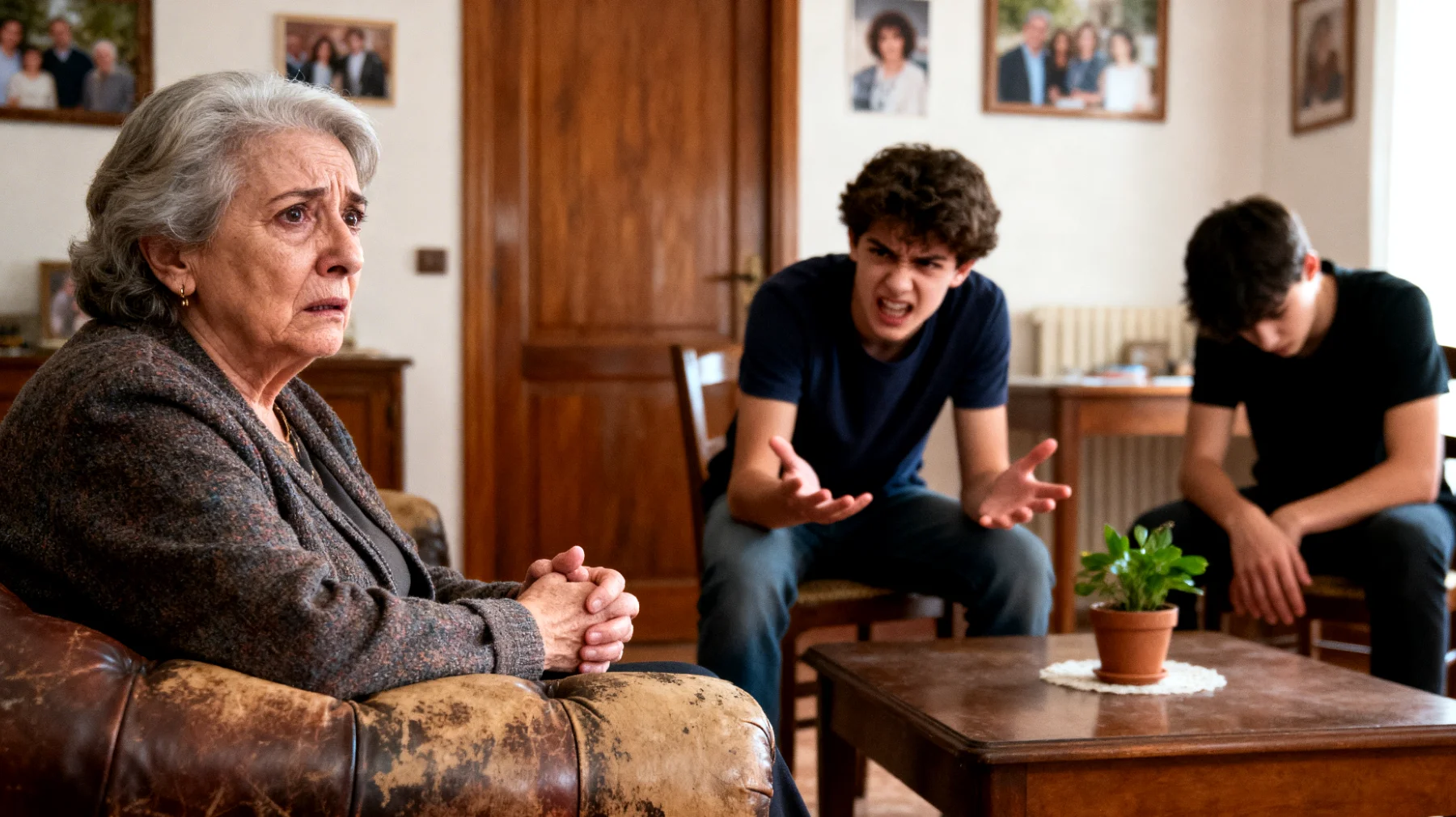 Nonna in difficoltà nel gestire le crisi emotive e gli sbalzi d'umore improvvisi dei nipoti adolescenti, che alternano momenti di rabbia intensa a chiusura emotiva, senza riuscire a trovare un modo efficace per calmarli o farli aprire"