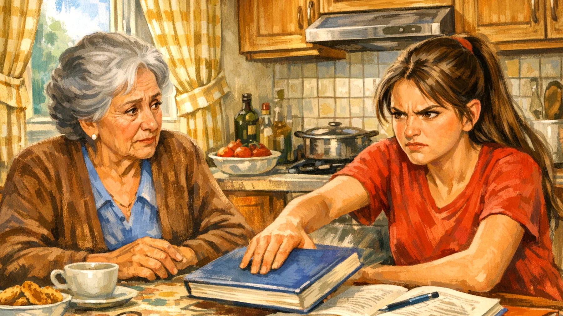 Nonna che fatica a gestire le reazioni esplosive e l'impazienza della nipote adolescente quando le cose non vanno come vorrebbe, soprattutto durante i compiti, le attività insieme o quando riceve un rifiuto"