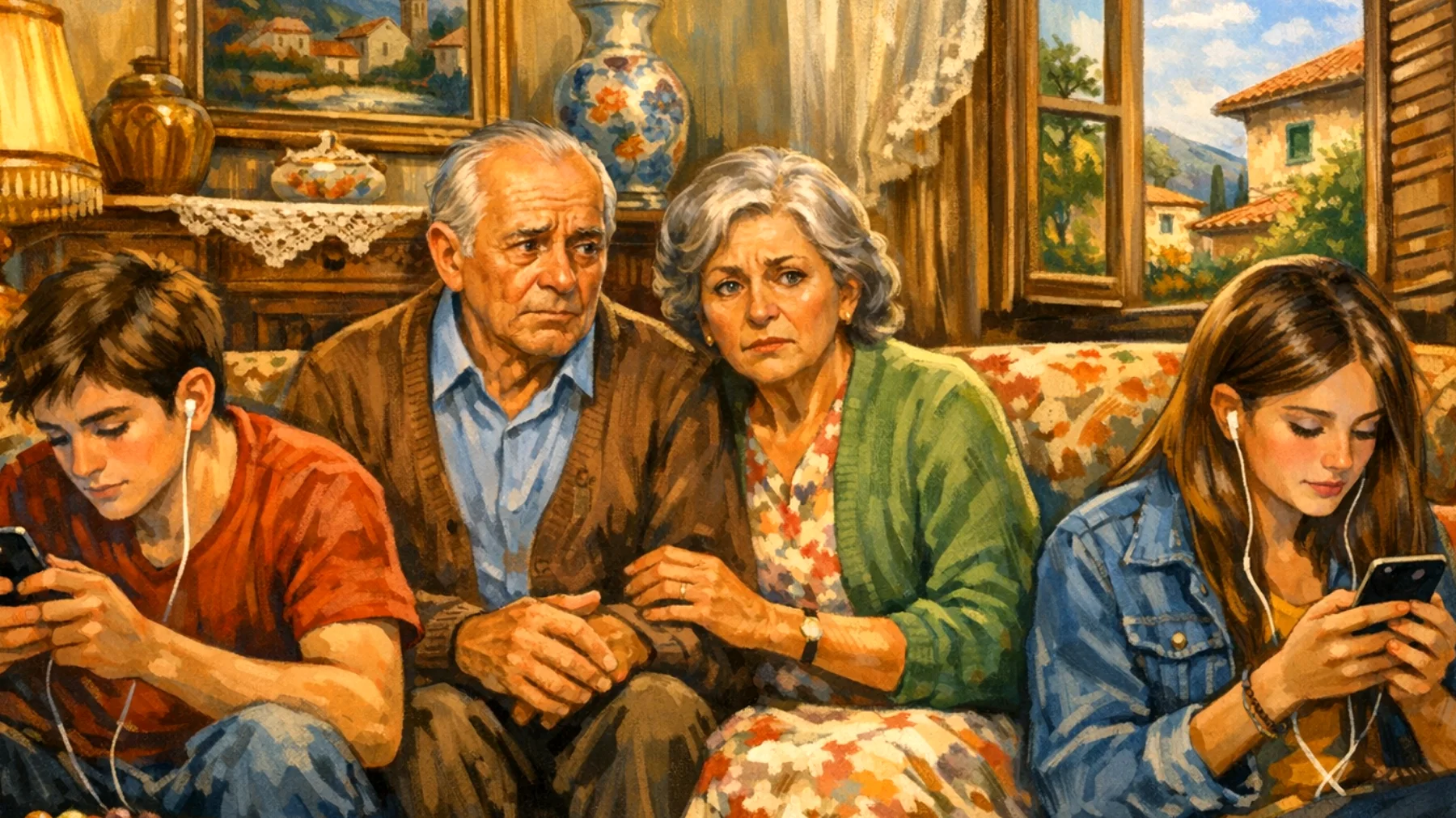 I nonni faticano a gestire il rapporto con i nipoti adolescenti che passano la maggior parte del tempo libero sui loro smartphone e videogiochi, creando un muro comunicativo e rendendo difficile qualsiasi interazione significativa durante le visite o i momenti trascorsi insieme"