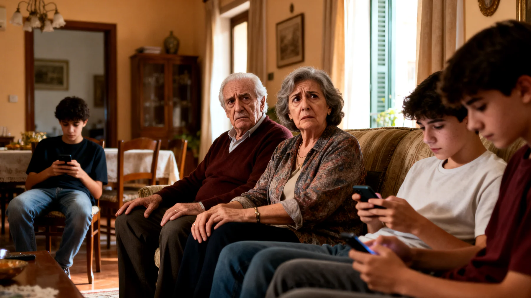 I nonni faticano a gestire l'uso eccessivo di smartphone e videogiochi da parte dei nipoti adolescenti durante le visite e i periodi trascorsi insieme, creando tensioni e riducendo le opportunità di dialogo e condivisione."