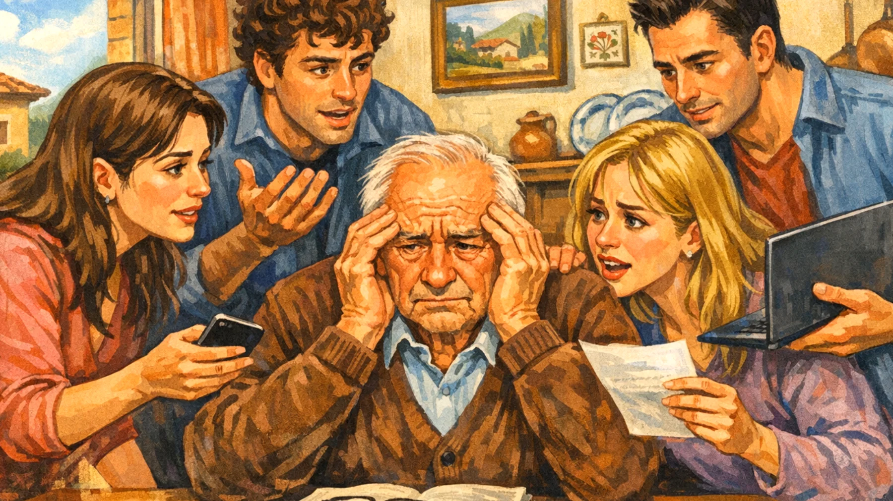 Il nonno si trova in difficoltà perché i nipoti giovani adulti mostrano una dipendenza eccessiva nei suoi confronti, ricorrendo costantemente a lui per decisioni quotidiane, supporto economico o emotivo, senza sviluppare autonomia e responsabilità personale adeguate alla loro età."