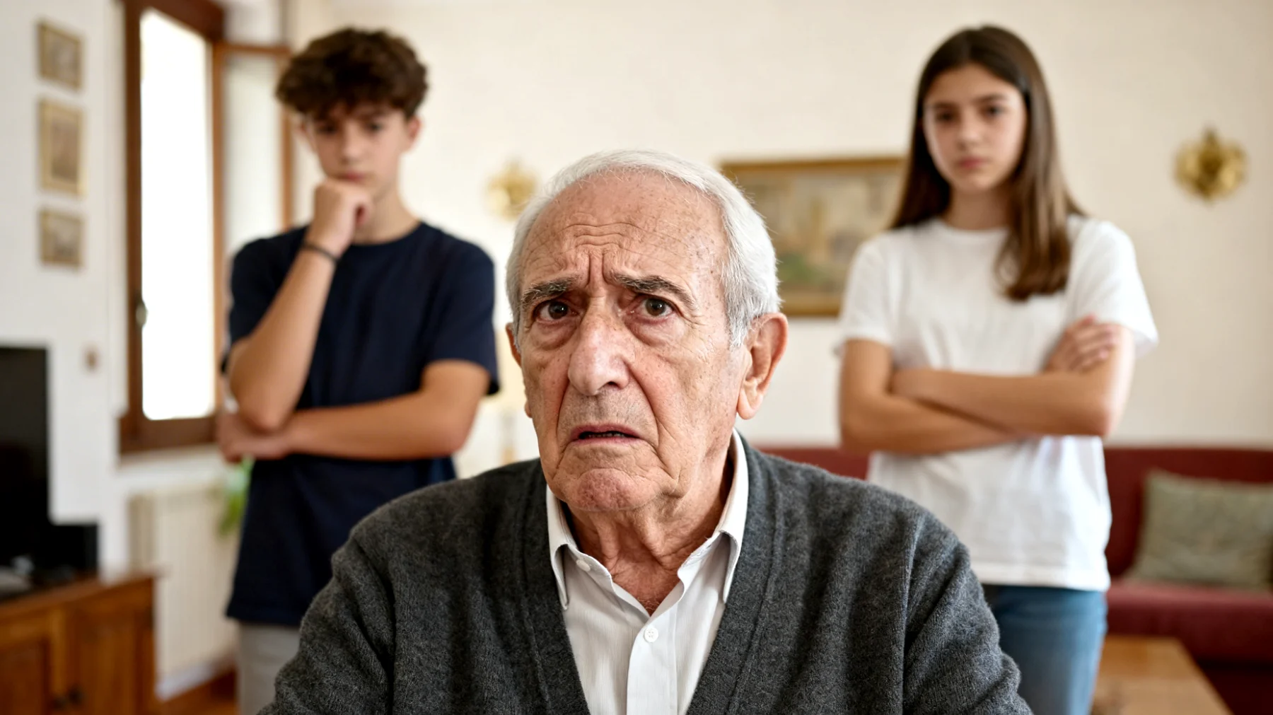 Il nonno si trova in difficoltà perché i nipoti adolescenti dipendono eccessivamente da lui per ogni decisione e supporto emotivo, manifestando scarsa autonomia e iniziativa personale, rendendo il nonno preoccupato per il loro sviluppo e sovraccaricato dal ruolo genitoriale che dovrebbe essere meno intensivo alla loro età"