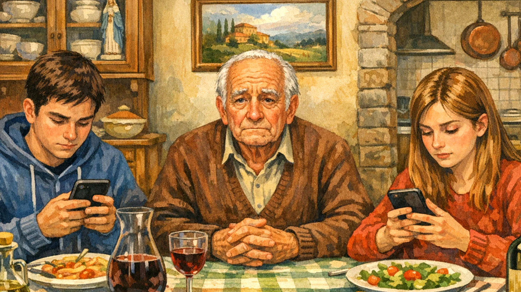 Il nonno fatica a comunicare con i nipoti adolescenti che lo trovano distante e fuori dal loro mondo, creando incomprensioni e silenzi imbarazzanti durante gli incontri familiari"