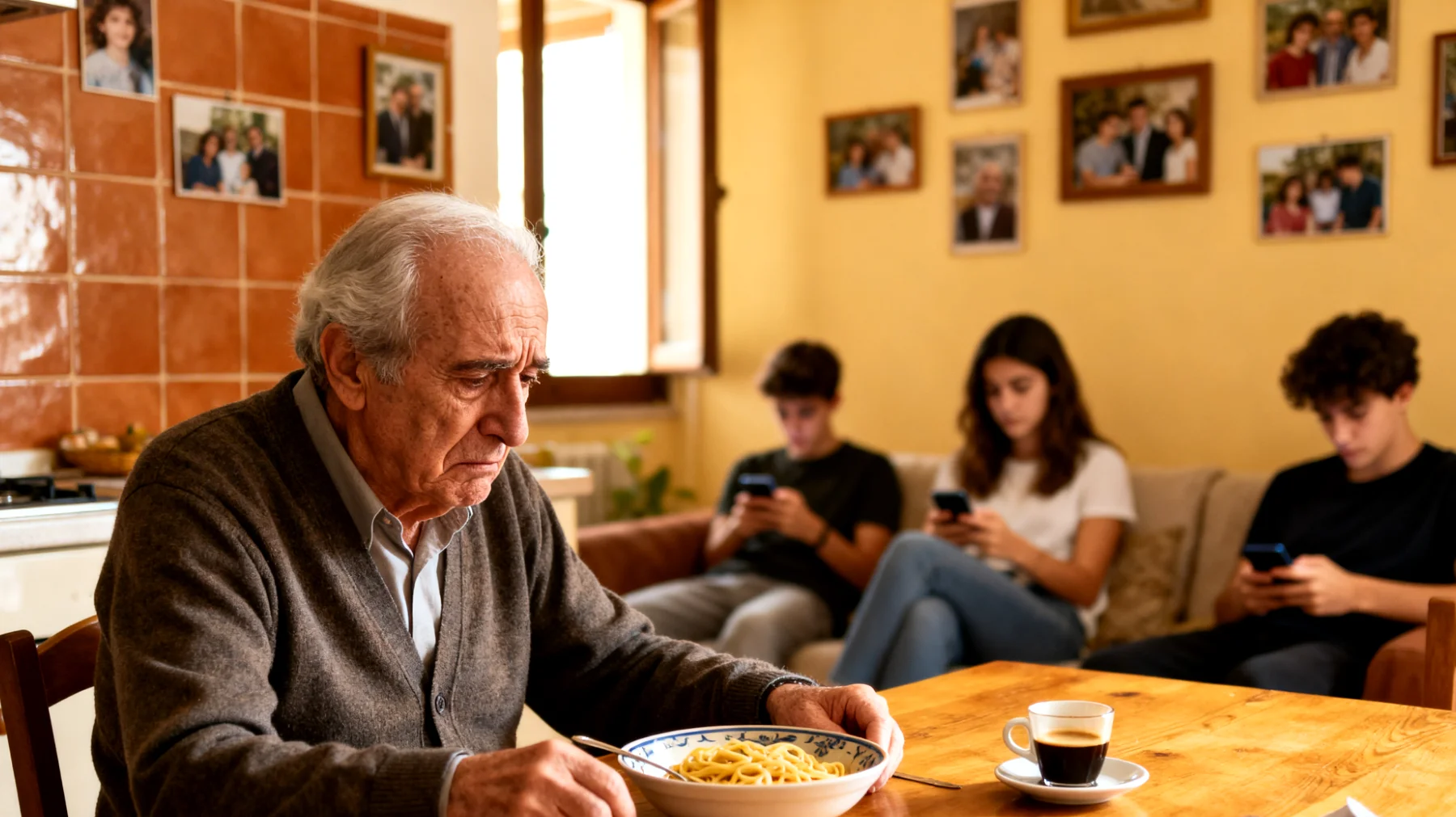 Il nonno si preoccupa perché i suoi nipoti giovani adulti sono costantemente distratti dagli smartphone e dai social media durante le visite familiari, creando una barriera nella comunicazione e impedendo momenti di condivisione significativi"