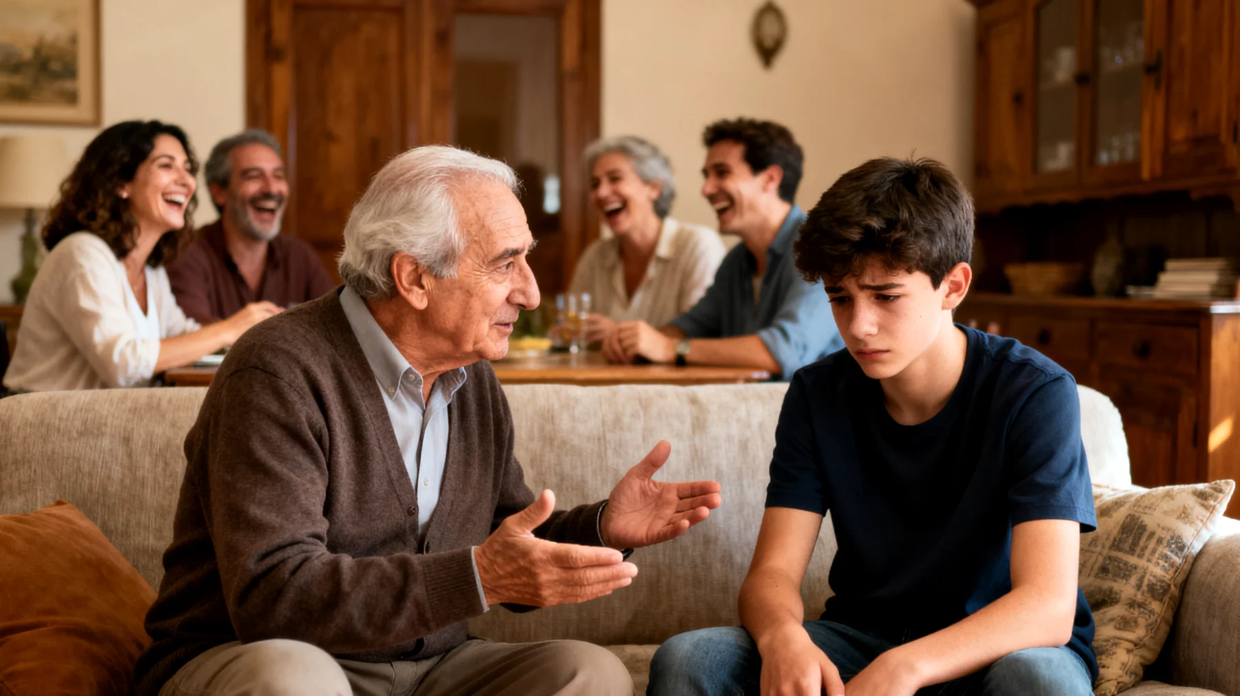 Il nonno si trova a gestire la gelosia del nipote adolescente verso altri membri della famiglia, in particolare verso fratelli o cugini che ricevono attenzioni o privilegi percepiti come maggiori, causando tensioni e comportamenti di richiesta eccessiva di attenzione esclusiva"