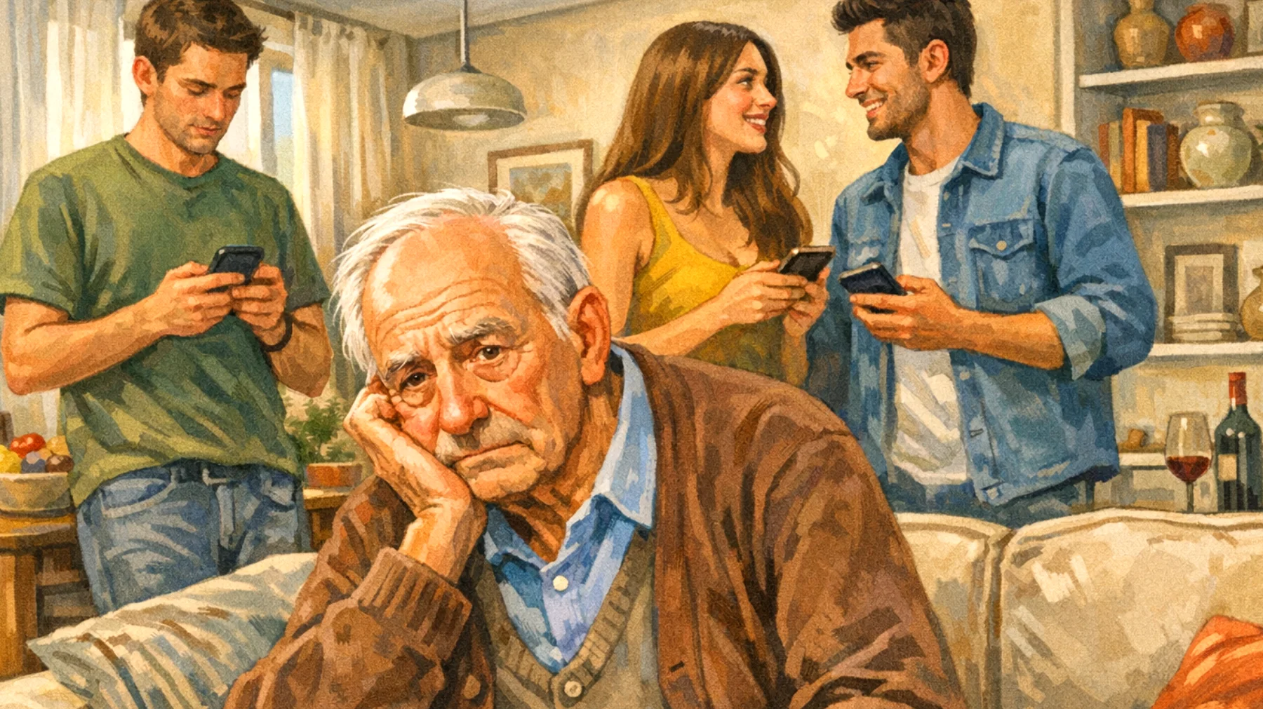 Il nonno si sente in difficoltà nel mantenere un rapporto significativo con i nipoti giovani adulti a causa della propria stanchezza fisica e della mancanza di energie per stare al passo con i loro ritmi e interessi"