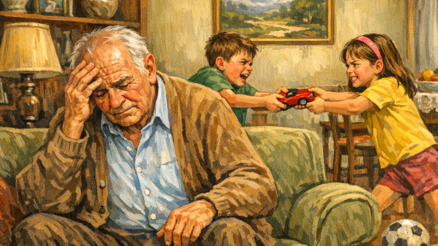 Il nonno fatica a gestire la gelosia e la rivalità tra i nipoti bambini durante le visite, creando tensioni e sensi di inadeguatezza nel suo ruolo"