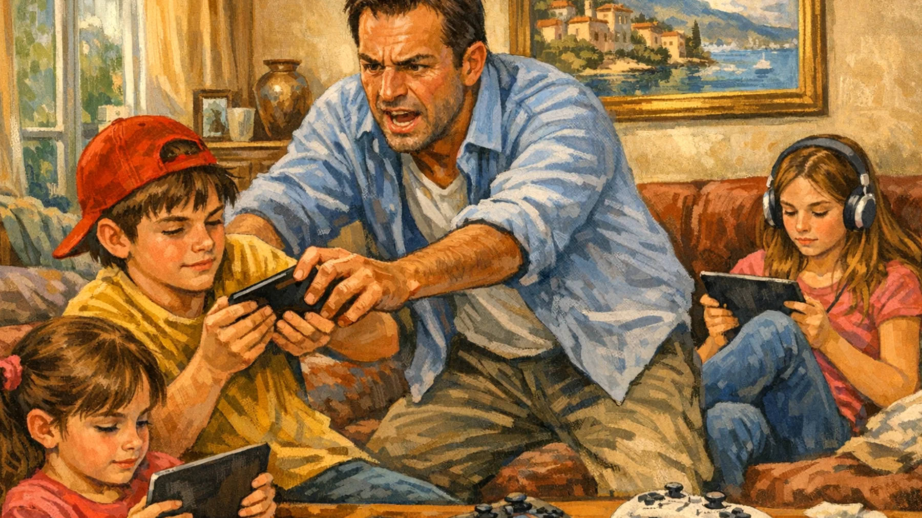 Papà che fatica a gestire l'uso eccessivo di smartphone, tablet e videogiochi da parte dei bambini, creando conflitti quotidiani e senso di impotenza nel porre limiti efficaci"