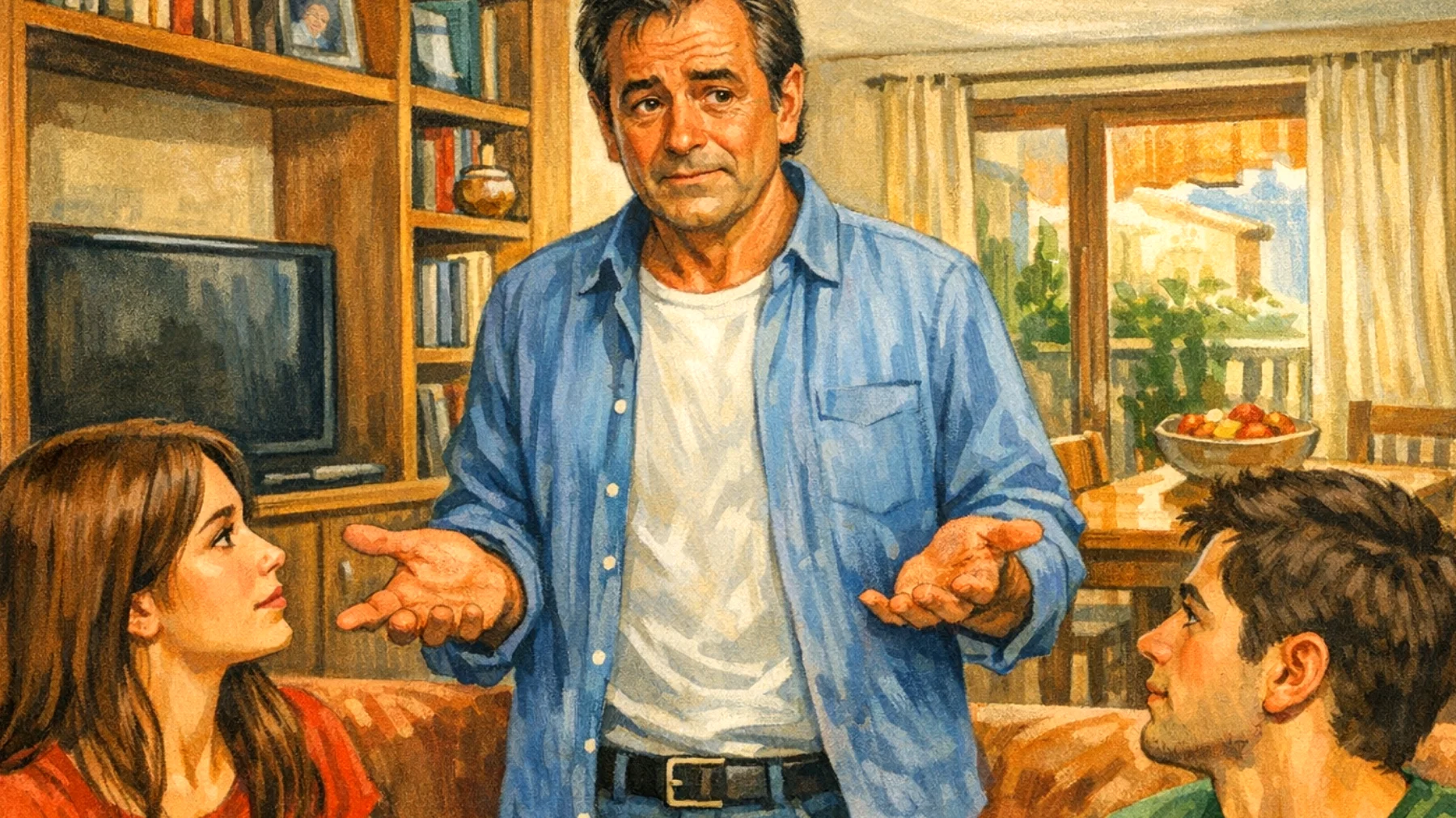 Papà che fatica a stabilire regole e limiti con i figli giovani adulti, oscillando tra il voler mantenere autorità e il rispettare la loro crescente autonomia"